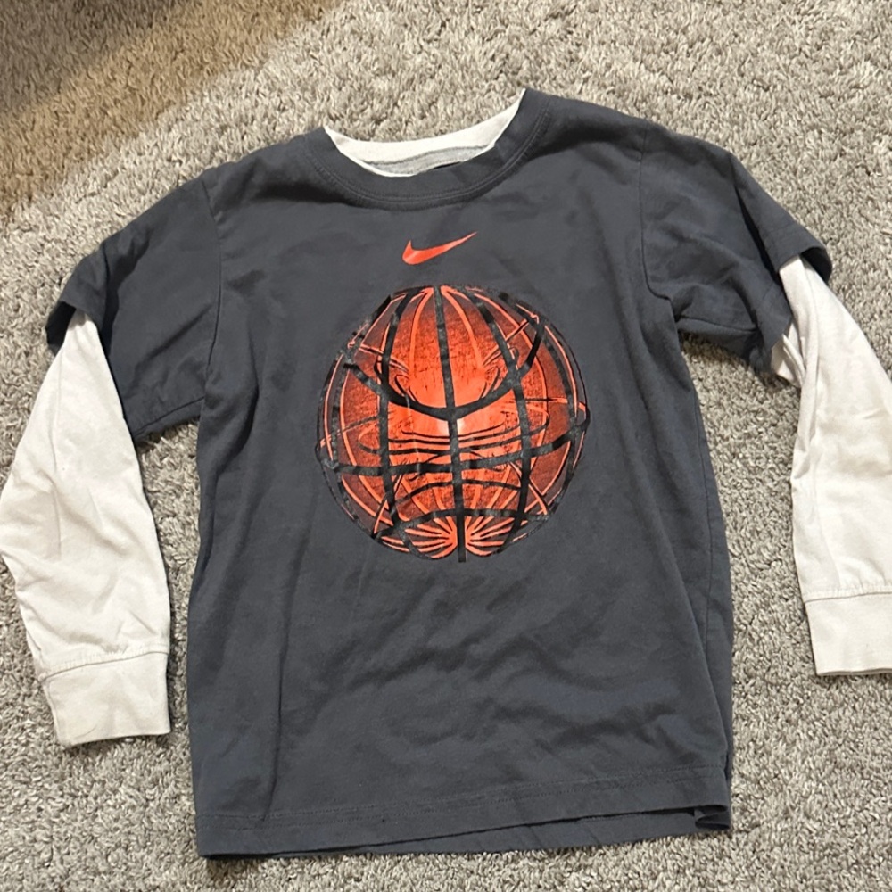Nike Kids Gray and White Long Sleeve Shirt with Orange Basketball Graphic